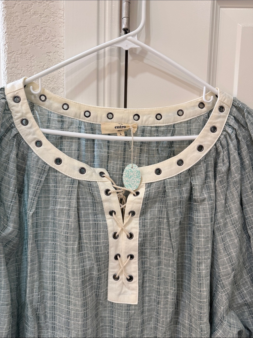 entro Sage Green Plaid Peasant Top with Ivory Eyelet Trim
